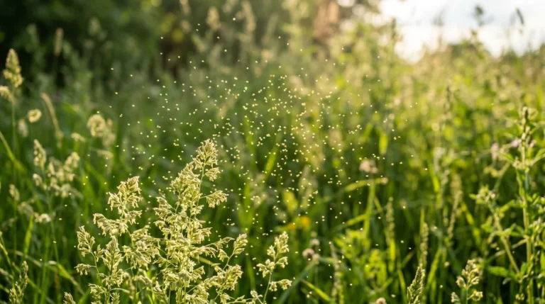 Essaim de moucherons survolant des herbes hautes dans un champ ensoleillé en fin de journée.