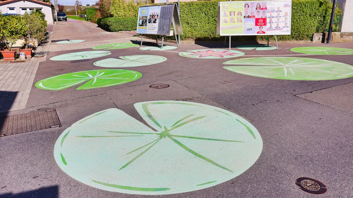 Des peintures au sol de nénuphars géants dans une rue, illustrant l'embellissement et la transformation d'un quartier par ses habitants.