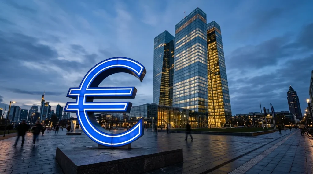 Grand symbole euro bleu lumineux devant le siège de la Banque centrale européenne au crépuscule.