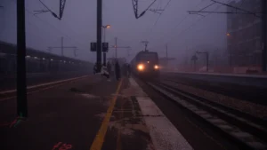 Un train de banlieue arrivant à quai dans un environnement urbain brumeux en France.