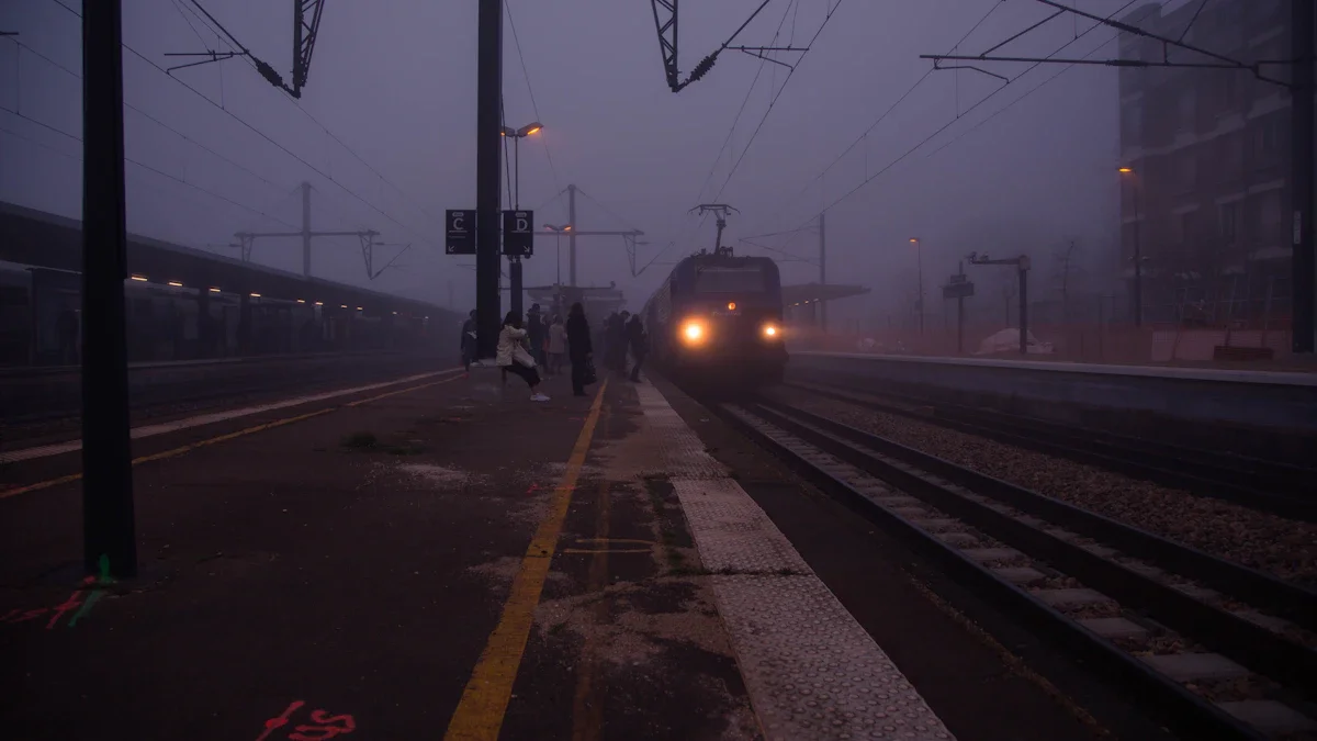 Un train de banlieue arrivant à quai dans un environnement urbain brumeux en France.