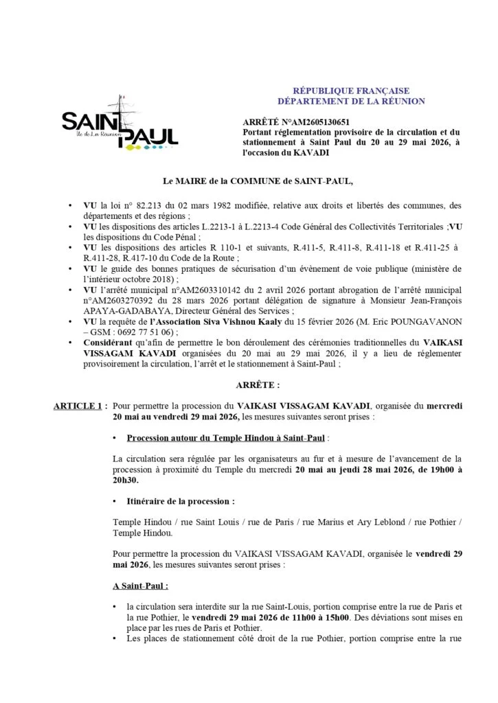 Cavadee à Saint-Paul : les restrictions de circulation ce vendredi
