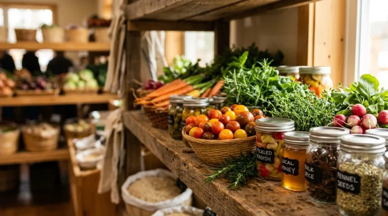Des étagères en bois présentent des légumes frais, des herbes et des bocaux conservés.