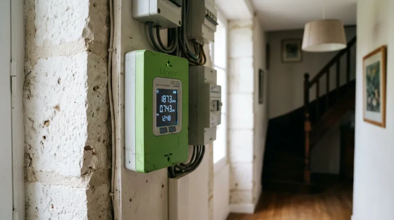 Compteur électrique communicant Linky de couleur verte fixé sur un mur intérieur en pierre brute.