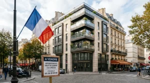 Drapeau français devant un immeuble de luxe moderne avec un panneau immobilier à vendre au coin.
