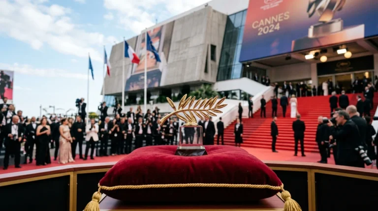 Trophée Palme d'or sur coussin rouge devant le tapis rouge du Palais des Festivals.