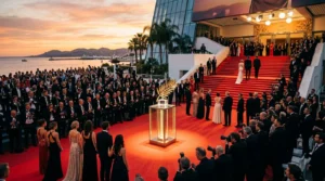 Tapis rouge de Cannes avec la Palme d'Or exposée devant des photographes au crépuscule.