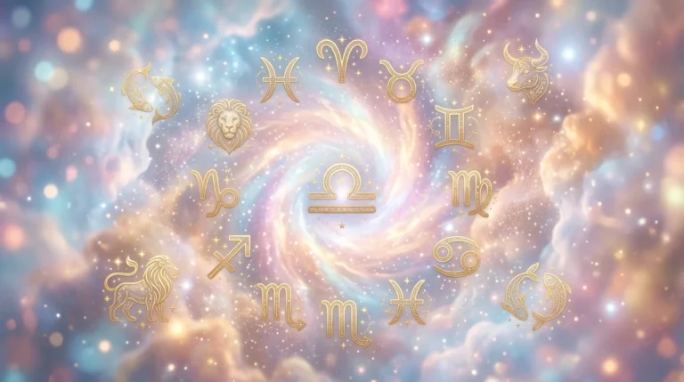 Signes astrologiques dorés entourant le symbole de la Balance dans une nébuleuse étoilée aux tons pastel.