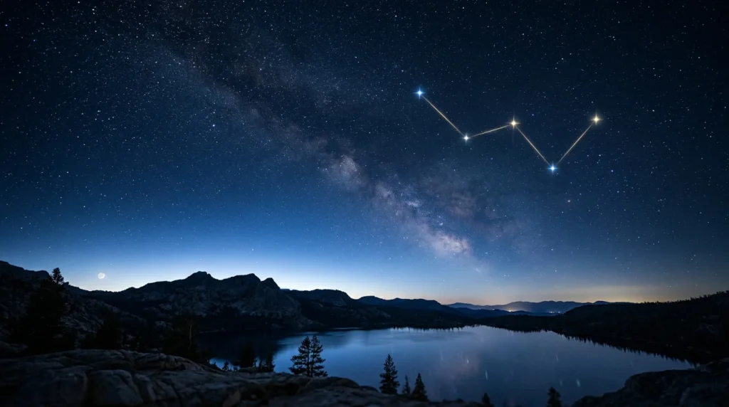 Ciel nocturne étoilé avec la Voie lactée surplombant un lac et des montagnes sombres.