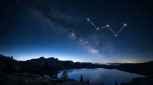 Ciel nocturne étoilé avec la Voie lactée surplombant un lac et des montagnes sombres.