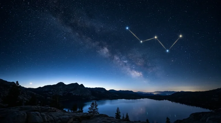 Ciel nocturne étoilé avec la Voie lactée surplombant un lac et des montagnes sombres.