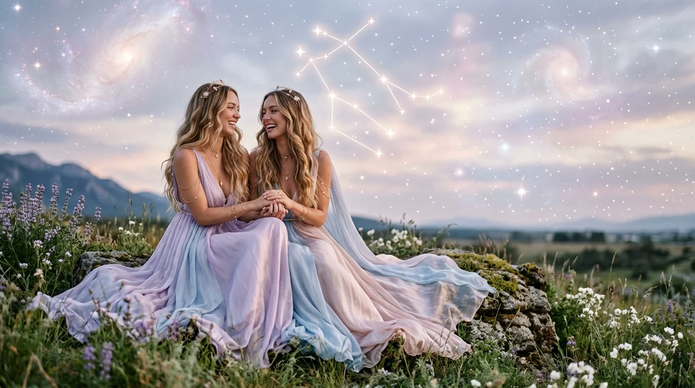 Deux femmes blondes en robes fluides sous un ciel étoilé affichant la constellation des Gémeaux.