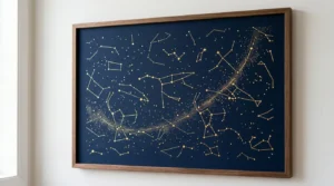 Une carte des constellations dorée sur fond bleu marine, encadrée de bois sur un mur blanc.