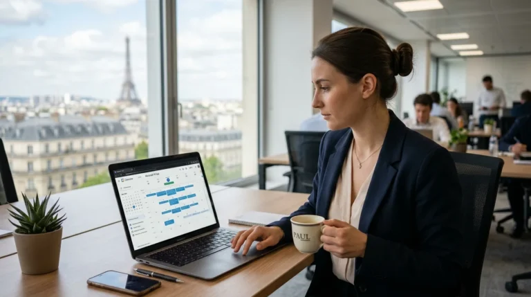 Femme au bureau consultant son calendrier sur ordinateur avec la tour Eiffel en arrière-plan.