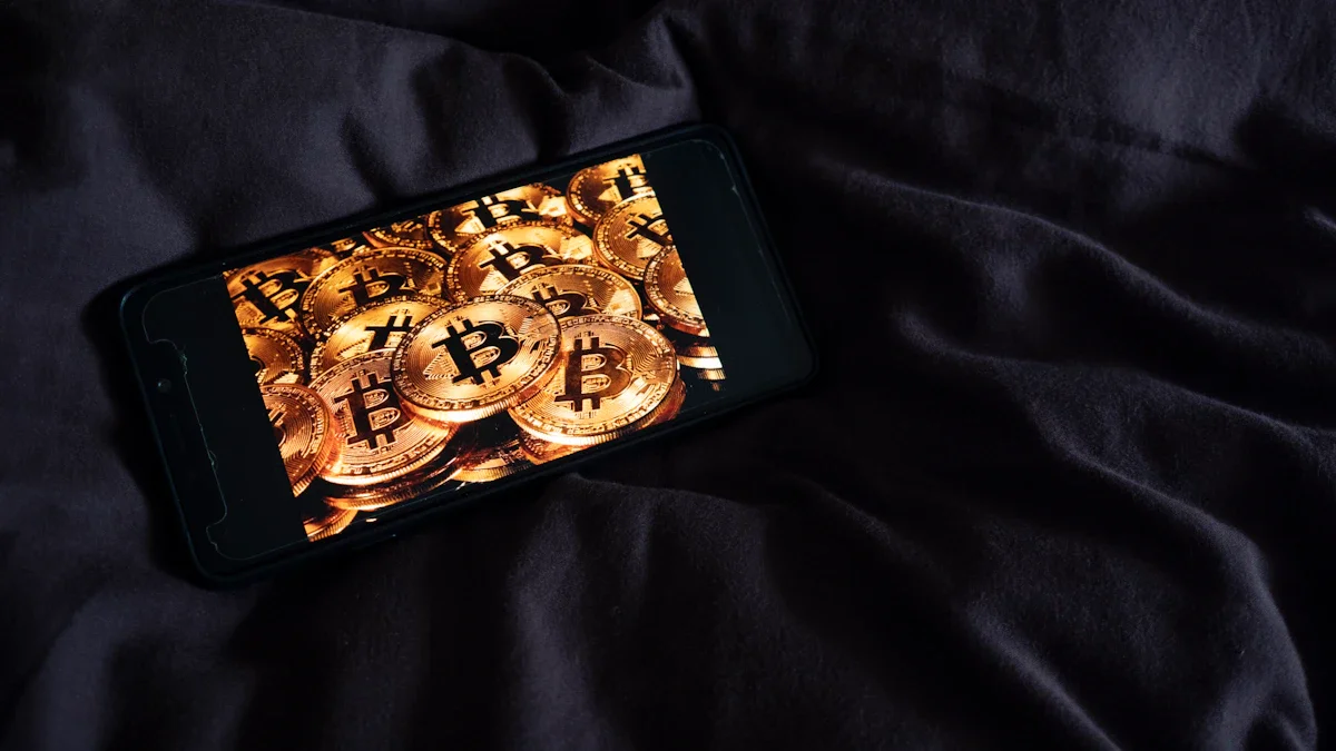 Un smartphone posé sur un drap sombre affichant une multitude de pièces d'or numériques étincelantes.