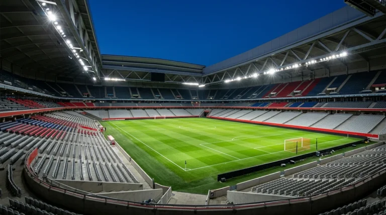 Stade de football moderne vide et illuminé par des projecteurs sous un ciel bleu foncé.