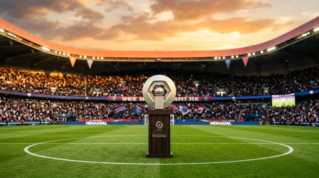 Le trophée Hexagoal de la Ligue 1 sur un socle dans un stade bondé au crépuscule.