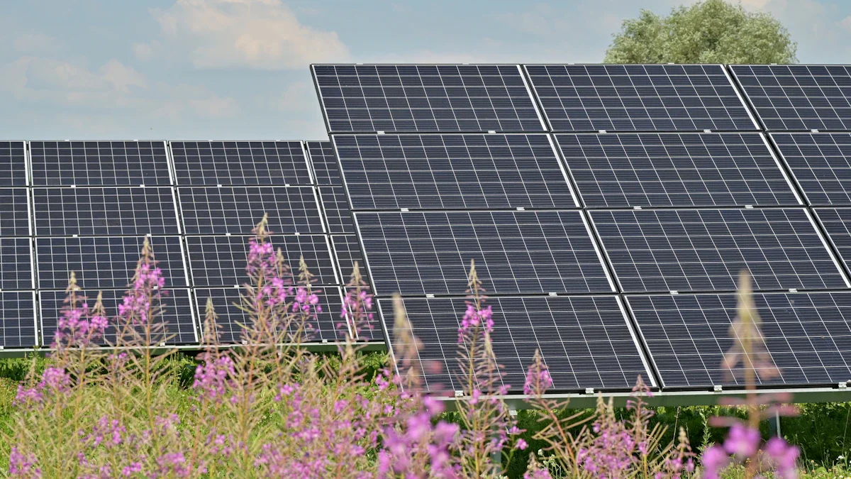 Plusieurs rangées de panneaux solaires installés dans un champ de fleurs violettes sous un ciel clair.