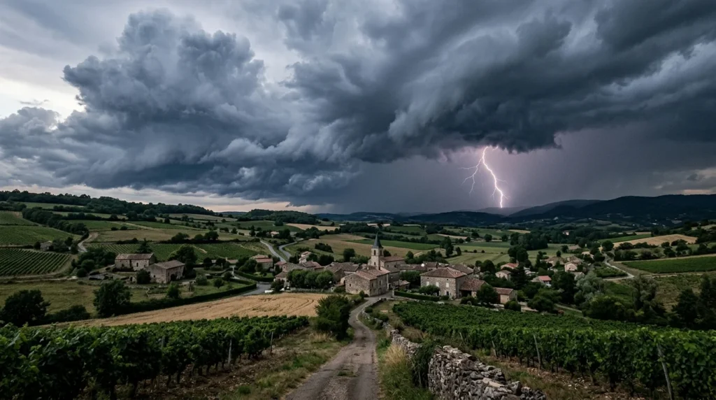 Éclair frappant le paysage vallonné au-dessus d'un petit village sous un ciel d'orage menaçant.