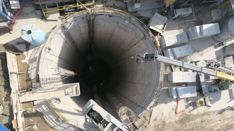 Vue aérienne d'un puits de construction circulaire profond pour le futur métro de la Ligne C.