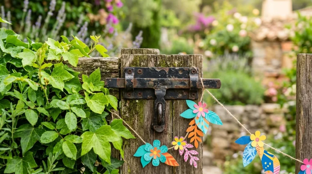 Un vieux loquet en métal rouillé sur une barrière en bois entourée de lierre.