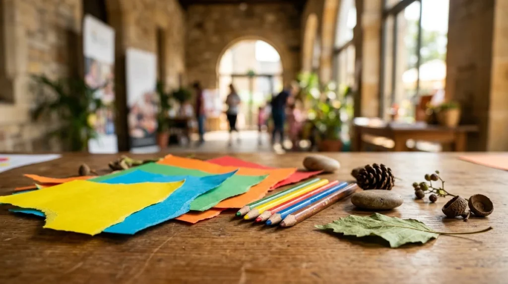 Papiers colorés, crayons de couleur et éléments naturels sur une table en bois.