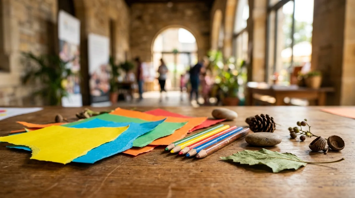 Papiers colorés, crayons de couleur et éléments naturels sur une table en bois.