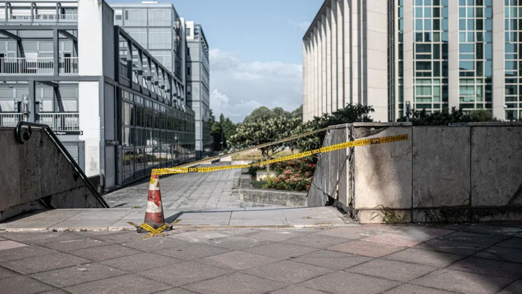Un escalier urbain moderne condamné par un ruban de signalisation jaune devant des immeubles de bureaux.