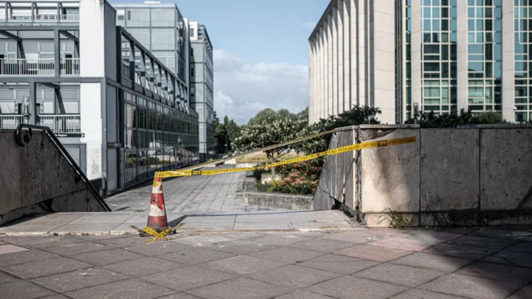 Un escalier urbain moderne condamné par un ruban de signalisation jaune devant des immeubles de bureaux.