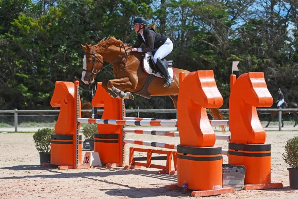 Cavalière franchissant un obstacle orange avec son cheval alezan lors d'un concours de saut d'obstacles.