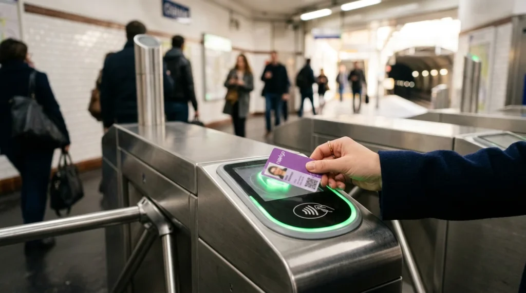 Une main valide un pass Navigo violet sur un lecteur de portique dans le métro parisien.