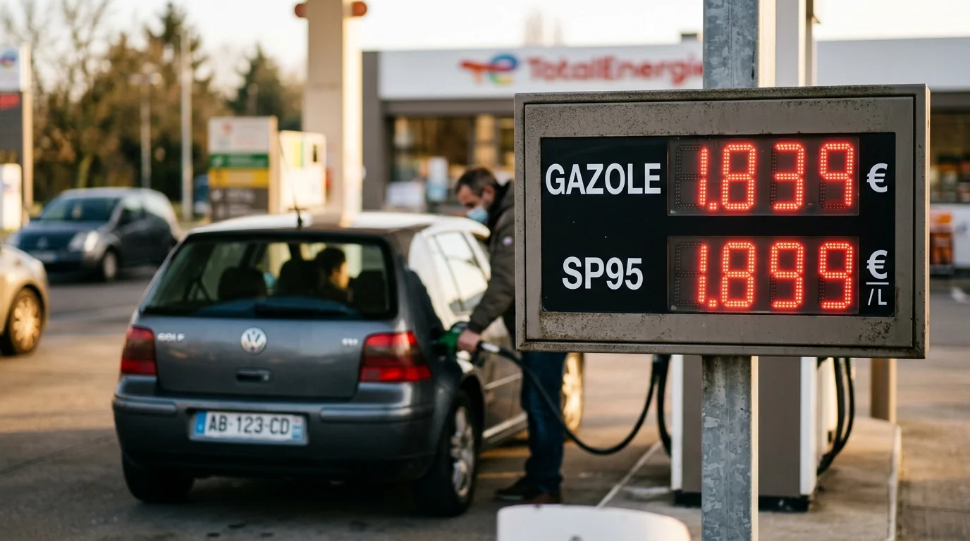 Gros plan sur un afficheur de prix de carburant devant un automobiliste faisant le plein.