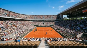 Vue d'ensemble de deux tennismen sur un court de terre battue dans un stade bondé.