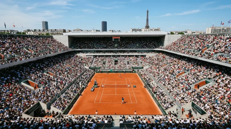 Match de tennis sur terre battue à Roland-Garros avec la tour Eiffel visible en arrière-plan.