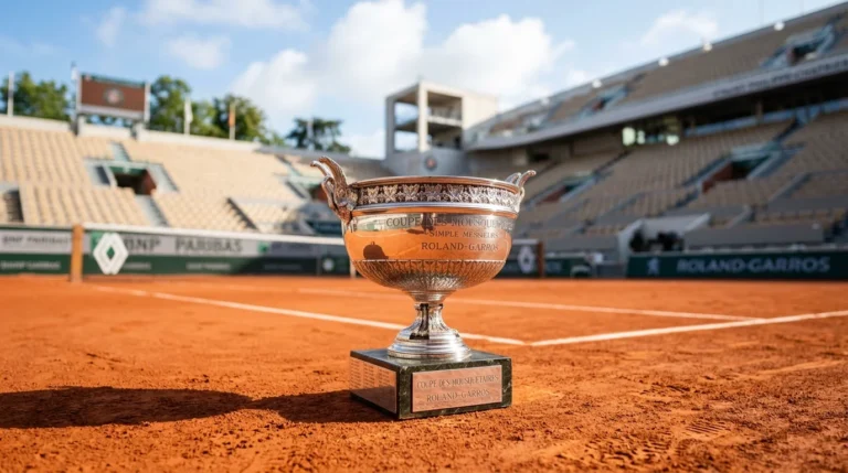 Coupe en argent posée sur la terre battue d'un court de tennis vide à Roland-Garros.