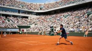 Joueur de tennis en bleu effectuant un revers sur terre battue devant une foule immense.