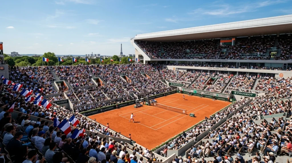 Match de tennis sur terre battue à Roland-Garros avec la tour Eiffel visible en arrière-plan.