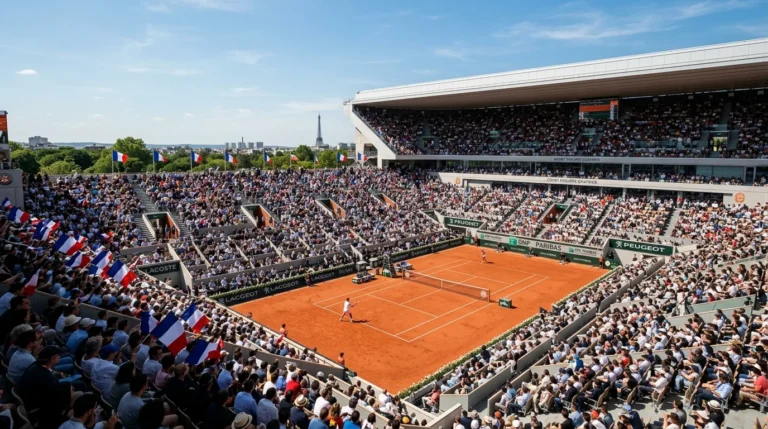 Match de tennis sur terre battue à Roland-Garros avec la tour Eiffel visible en arrière-plan.