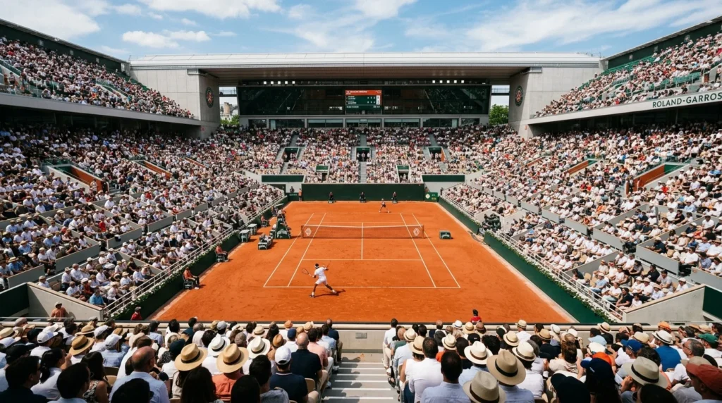 Court de tennis en terre battue entouré de tribunes bondées lors d'un match à Roland-Garros.