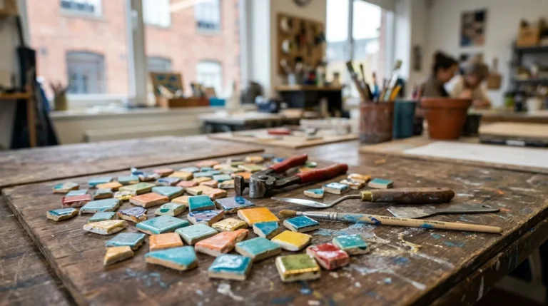 Des tesselles de mosaïque colorées et des outils artisanaux sur un établi en bois