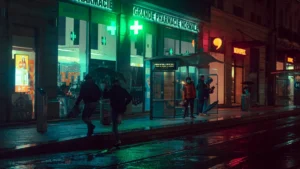 Une pharmacie française éclairée de nuit, illustrant l'accès aux soins de santé en milieu urbain.