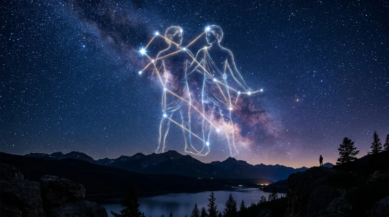 Illustration lumineuse de la constellation des Gémeaux sur un ciel étoilé au-dessus de montagnes sombres.