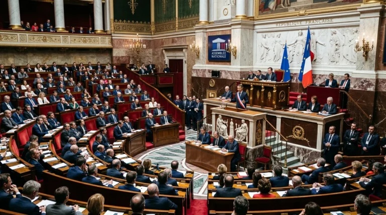 Jordan Bardella s'exprime à la tribune de l'Assemblée nationale devant les députés dans l'hémicycle.