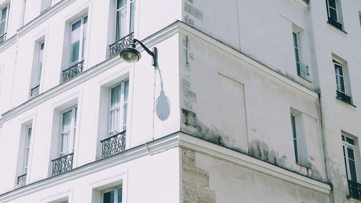 Façade d'un immeuble blanc classique avec une lanterne noire, illustrant l'architecture urbaine de Tours.