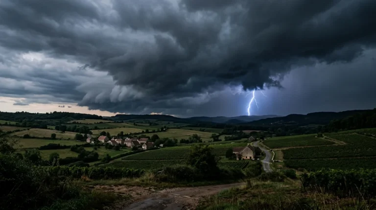 Un éclair frappe une colline sous un ciel d'orage menaçant dominant un paysage rural.