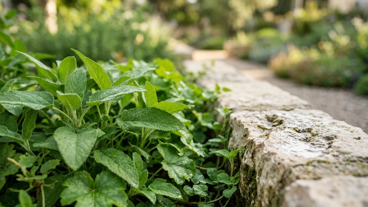 Gros plan sur des feuilles de sauge verte près d'un muret en pierre sèche.