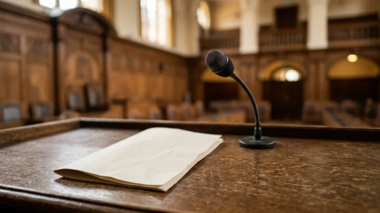 Un microphone sur un pupitre en bois avec des documents devant une salle d'audience.