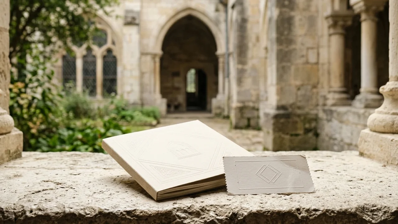 Un livre relié et une carte posés sur un muret devant une abbaye médiévale.
