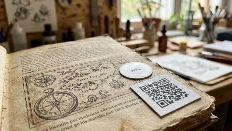 Une carte ancienne avec un tag NFC et un code QR posés dessus.