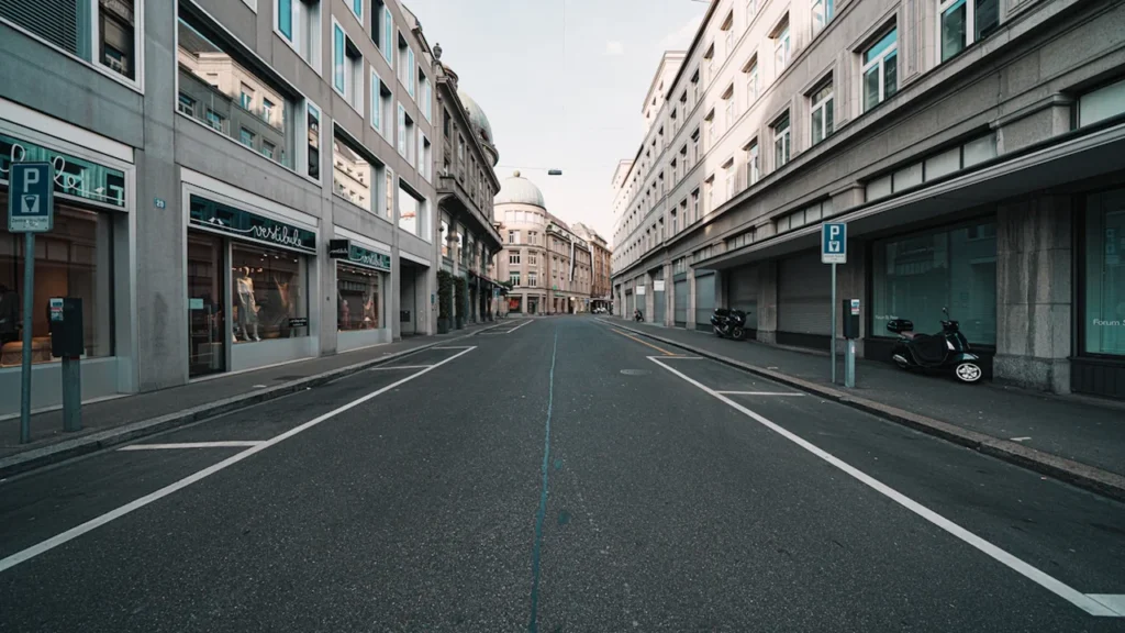 Rue urbaine déserte bordée de hauts immeubles sous une lumière vive et chaude.